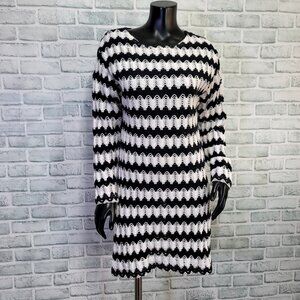Vintage 90s Top‎ Elements Black White Chevron Crochet L/S Tunic Top Side Slits